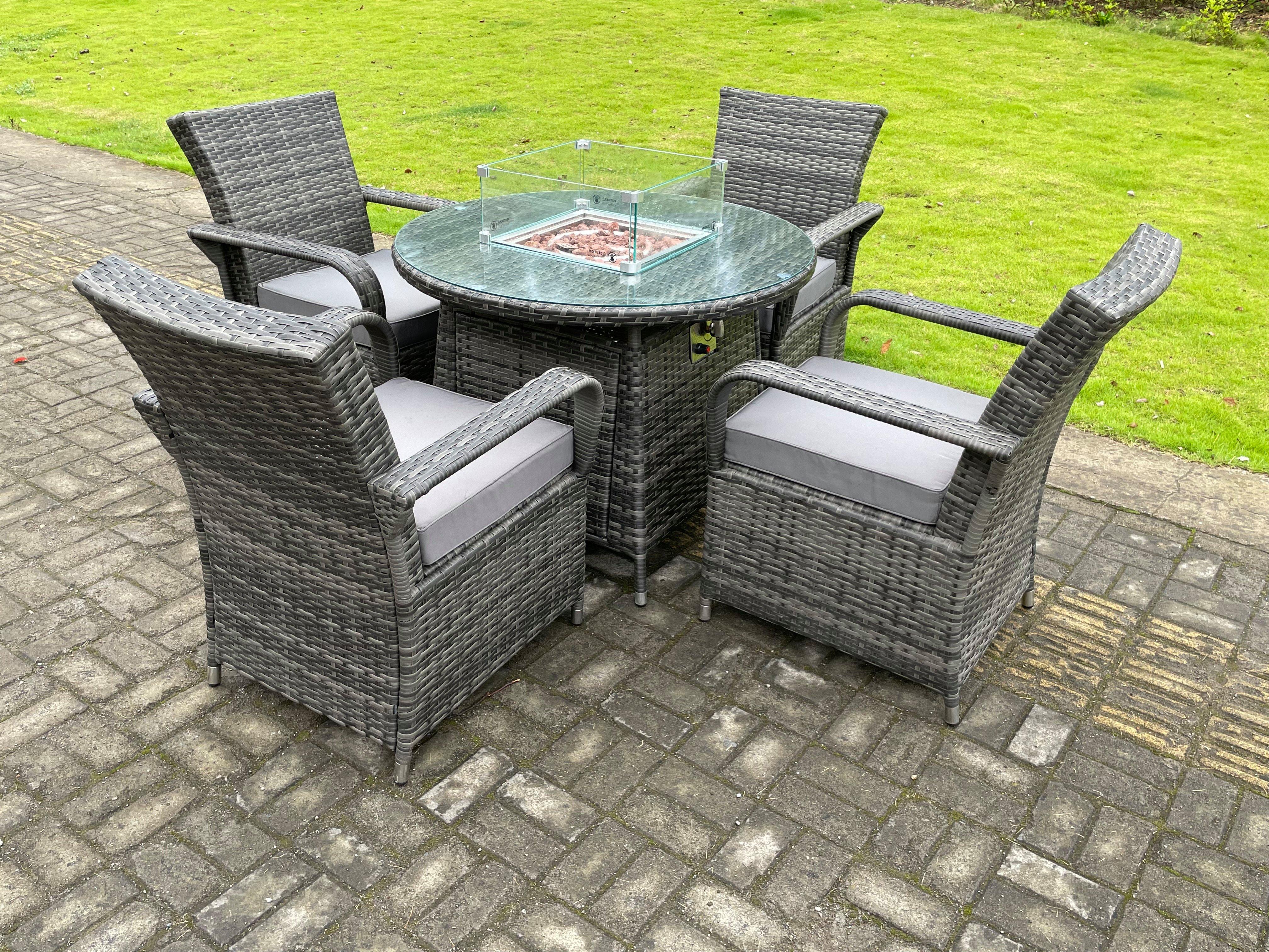 Rattan Garden Furniture Gas Fire Pit Round Dining Table Set Gas Heater And Dining Chairs 4 Seater